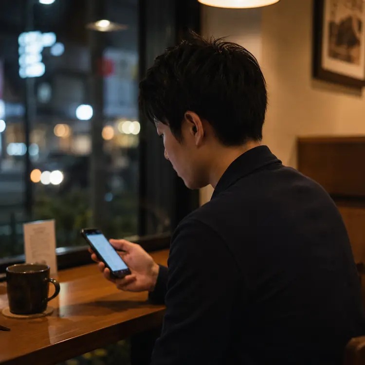 筆者がカフェでスマホをみている